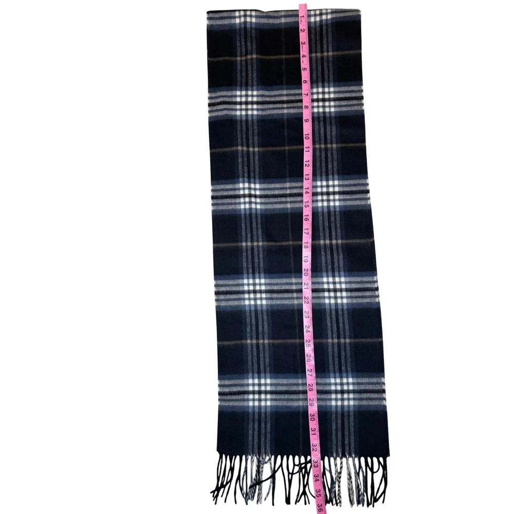 V. Fraas Cashmink Scarf Navy Blue Plaid Acrylic Made in Germany Fringe Soft Warm